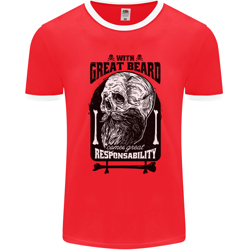 Great Beard Comes Great Responsibility Skull Mens Ringer T-Shirt FotL Red/White