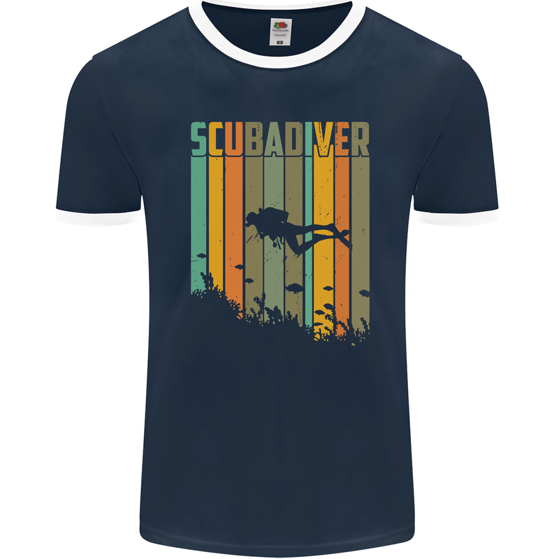 Scuba Diver Diving Dive Mens Ringer T-Shirt FotL Navy Blue/White