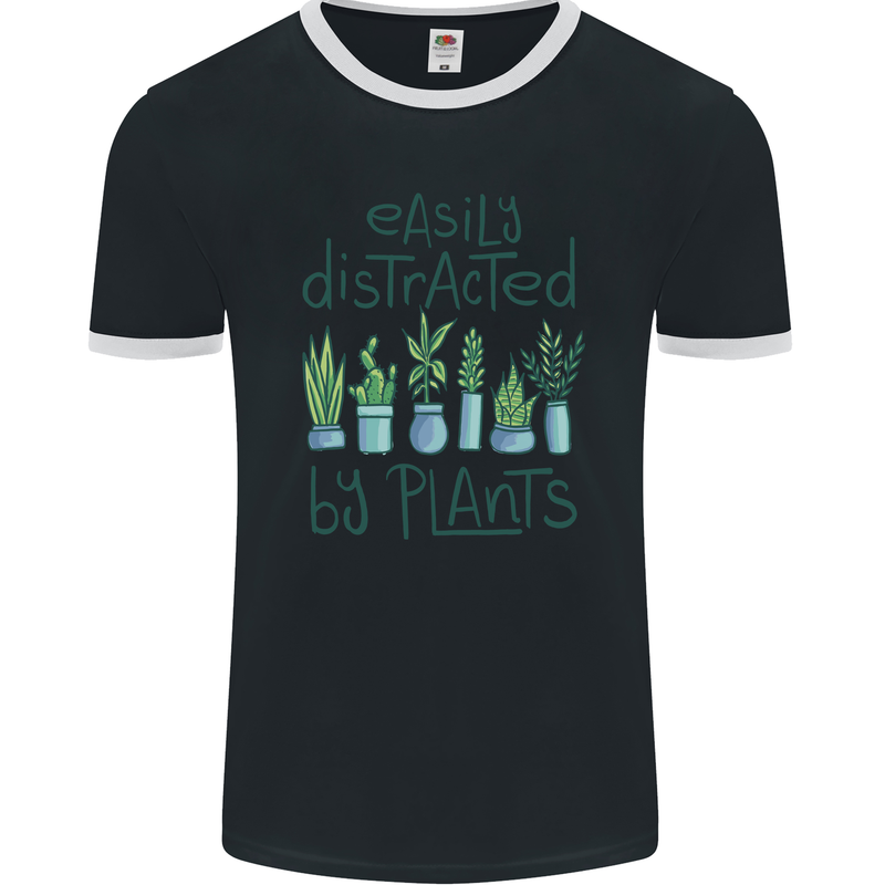 Easily Distracted by Plants Botanist Funny Mens Ringer T-Shirt FotL Black/White