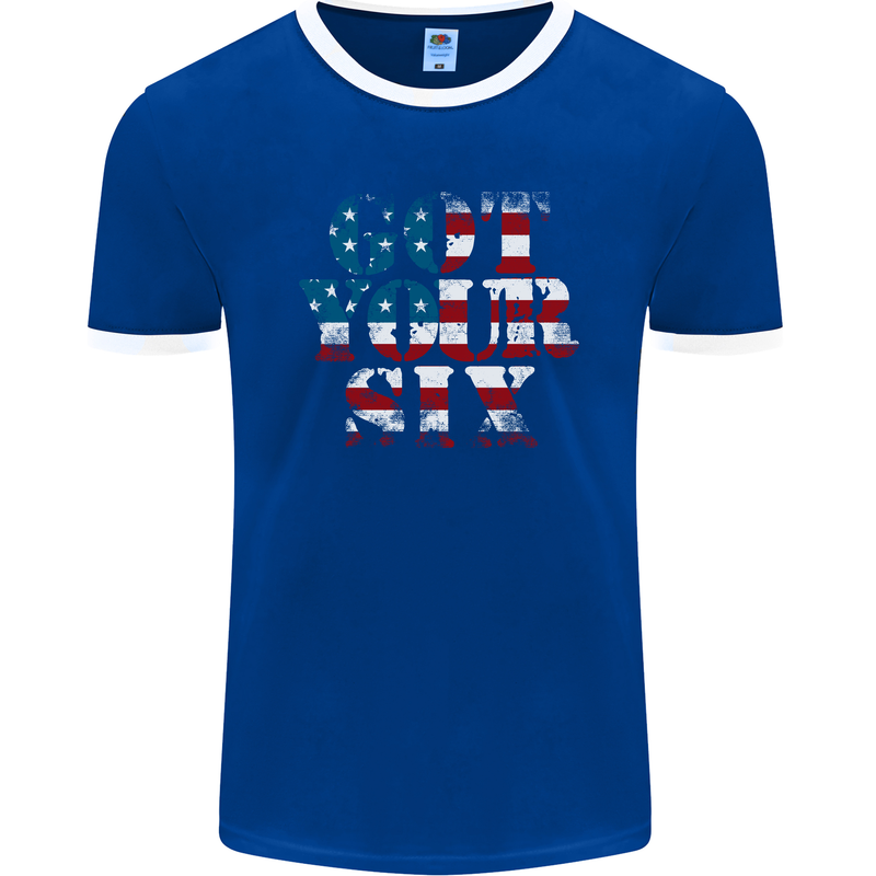 USA I've Got Your Six American Flag Army Mens Ringer T-Shirt FotL Royal Blue/White