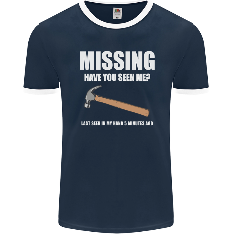 Missing Hammer Funny Carpenter DIY Builder Mens Ringer T-Shirt FotL Navy Blue/White