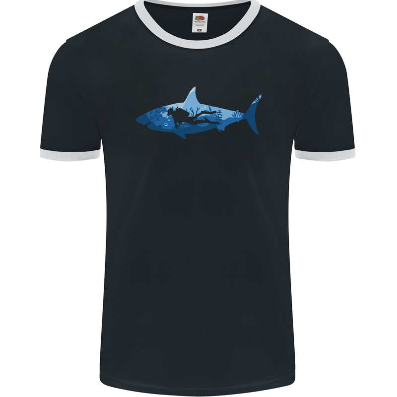 Great White Shark Scuba Diver Diving Mens Ringer T-Shirt FotL Black/White