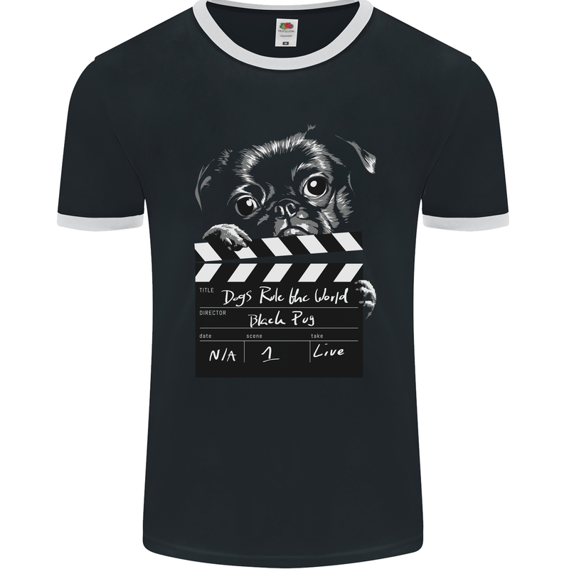 Dogs Rule the World Movie Black Pug Funny Mens Ringer T-Shirt FotL Black/White