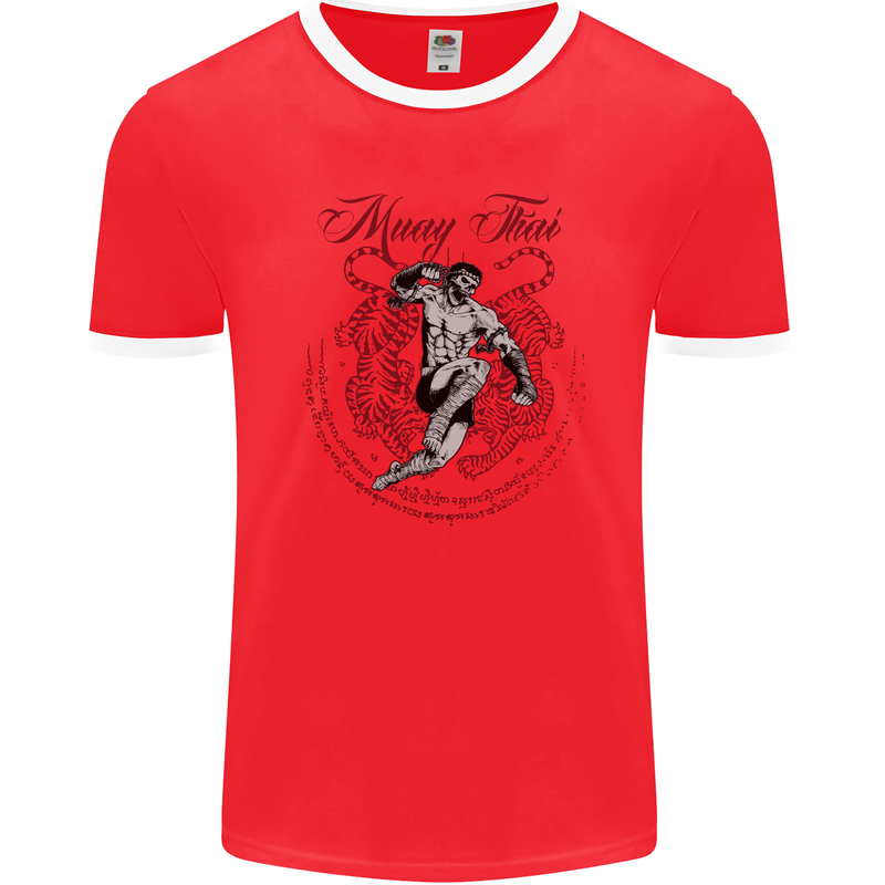 Muay Thai Tiger Warrior MMA Martial Arts Mens Ringer T-Shirt FotL Red/White