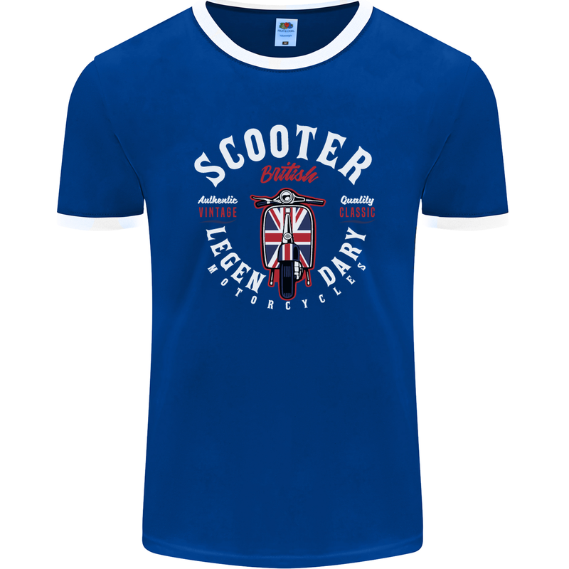 Legendary British Scooter Motorcycle MOD Mens Ringer T-Shirt FotL Royal Blue/White