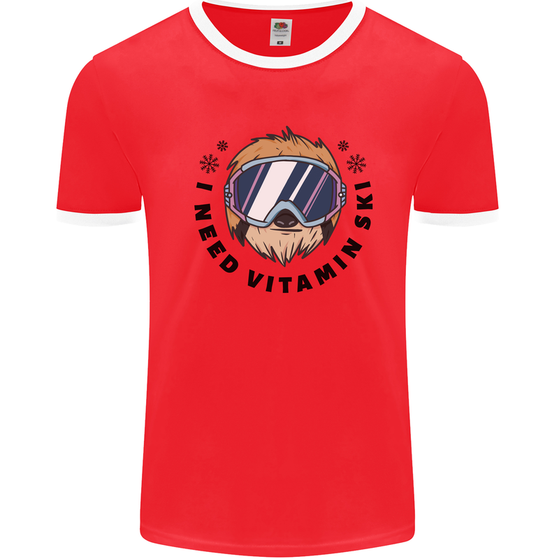 Vitamin Ski Funny Skiing Sloth Mens Ringer T-Shirt Red/White