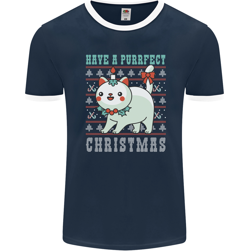 Cats Have a Purrfect Christmas Funny Xmas Mens Ringer T-Shirt FotL Navy Blue/White