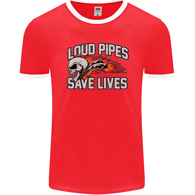 Biker Loud Pipes Saves Lives Motorcycle Mens Ringer T-Shirt FotL Red/White