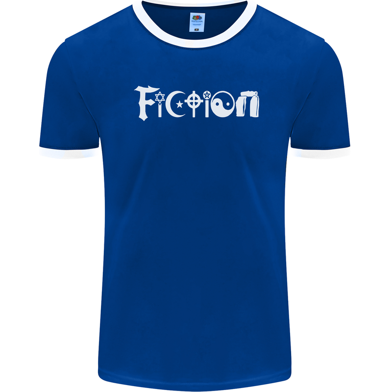 Fiction Funny Atheist Atheism Irreligious Mens Ringer T-Shirt FotL Royal Blue/White