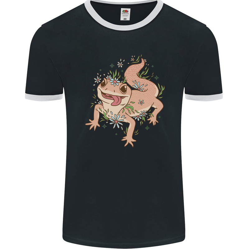 Gekko With Flowers Lizards Mens Ringer T-Shirt FotL Black/White