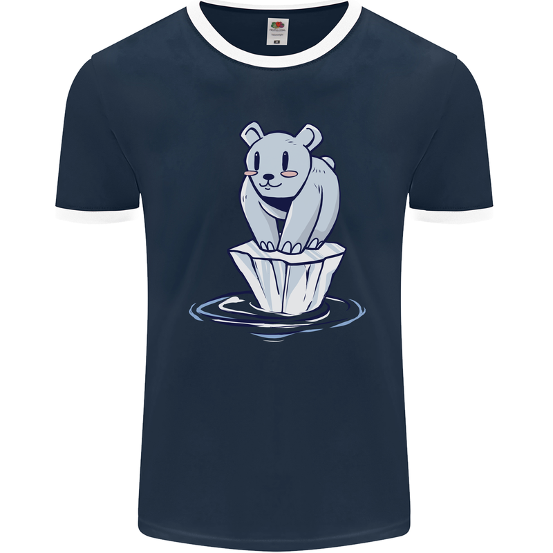 Floating Polar Bear Climate Change Environment Mens Ringer T-Shirt FotL Navy Blue/White