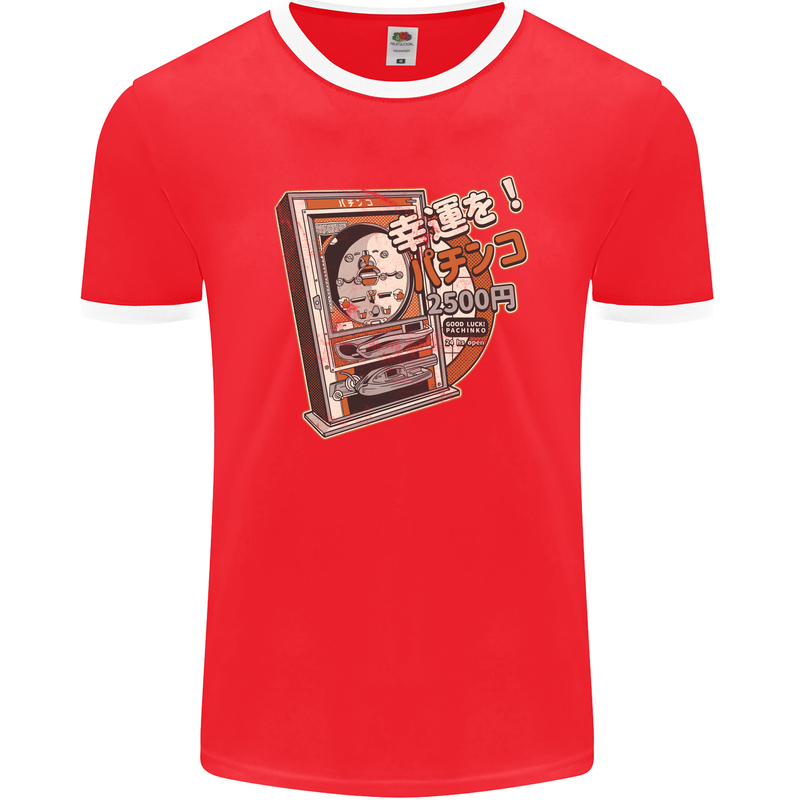 Pachinko Machine Arcade Game Pinball Mens Ringer T-Shirt FotL Red/White