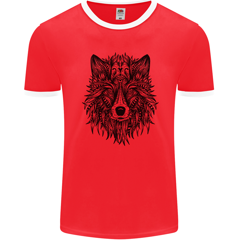 Mandala Tribal Wolf Tattoo Mens Ringer T-Shirt FotL Red/White