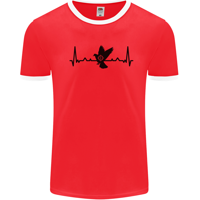 Pigeon Hunting Heart Beat ECG Hunter Mens White Ringer T-Shirt Red/White