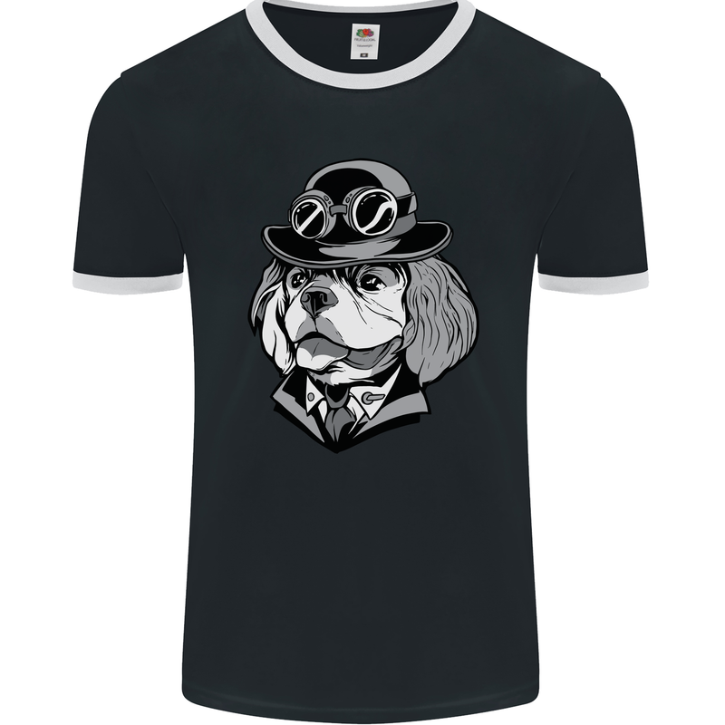 Steampunk King Charles Spaniel Cavelier Mens Ringer T-Shirt FotL Black/White