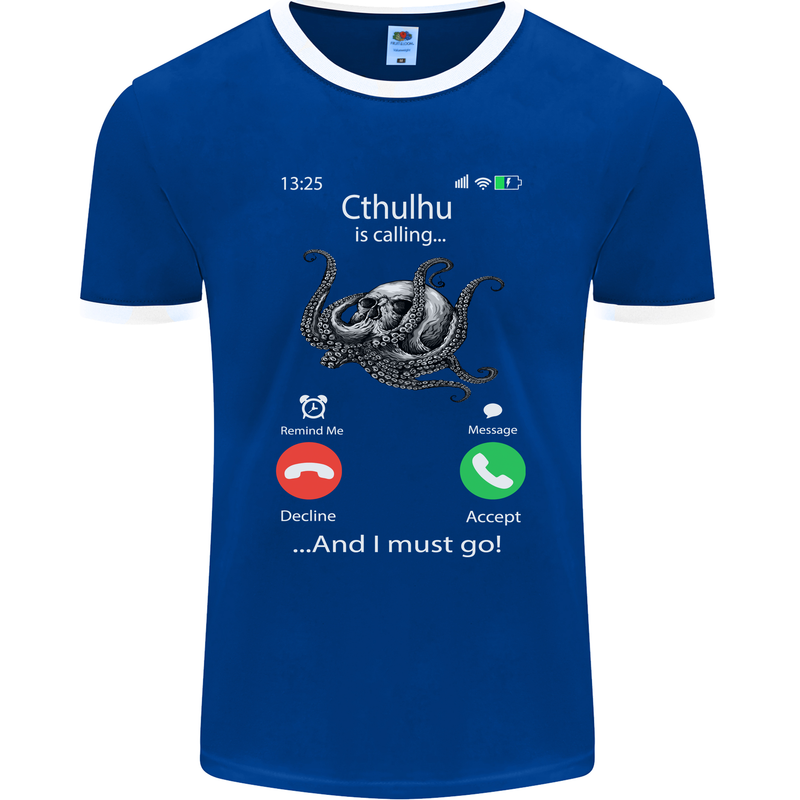 Cthulhu Is Calling Funny Kraken Mens Ringer T-Shirt FotL Royal Blue/White