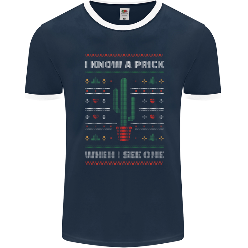 Funny Christmas Cactus Prick Mens Ringer T-Shirt FotL Navy Blue/White