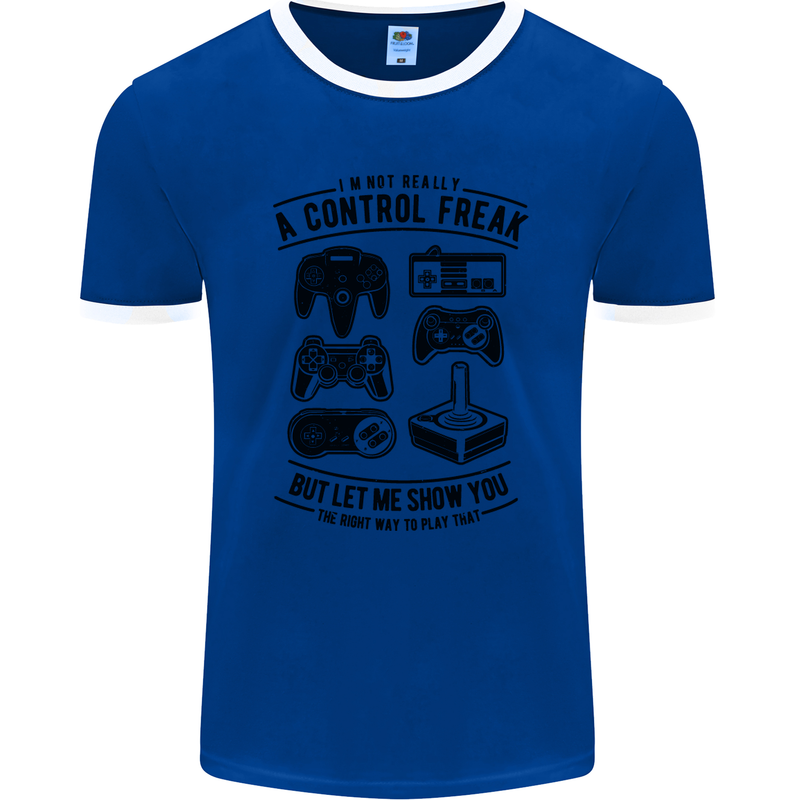 Control Freak Funny Gaming Gamer Mens Ringer T-Shirt FotL Royal Blue/White