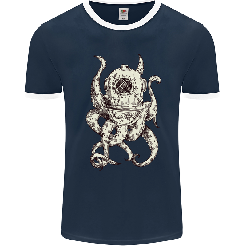 Steampunk Octopus Kraken Cthulhu Mens Ringer T-Shirt FotL Navy Blue/White