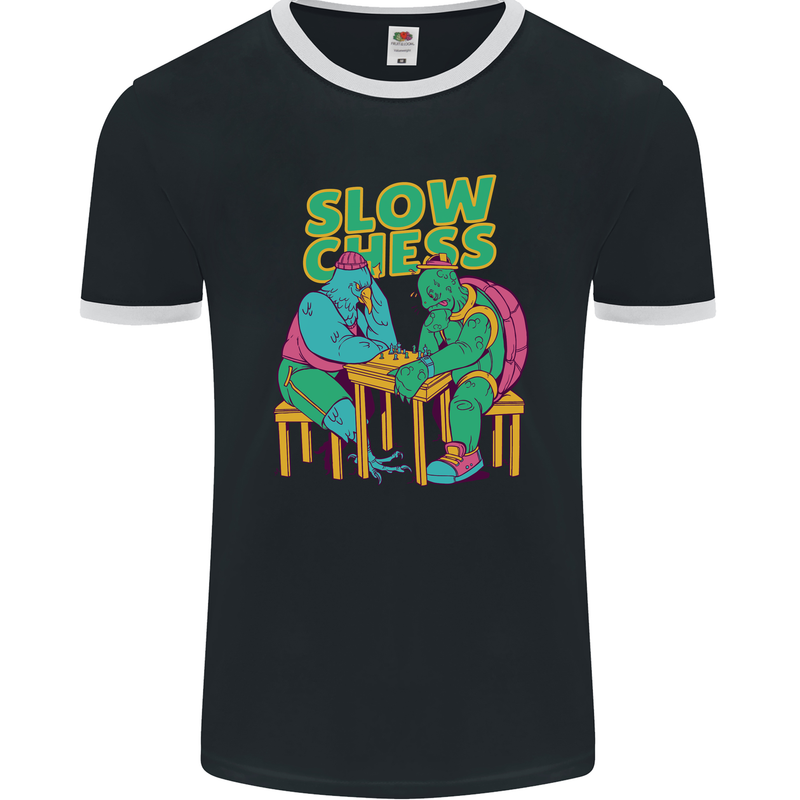 Slow Chess Funny Tortoise & Cock Mens Ringer T-Shirt FotL Black/White