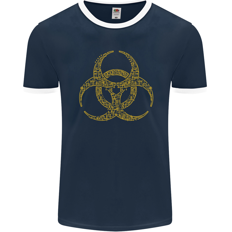 Digital Biohazard Gaming Gamer Zombie Mens Ringer T-Shirt FotL Navy Blue/White