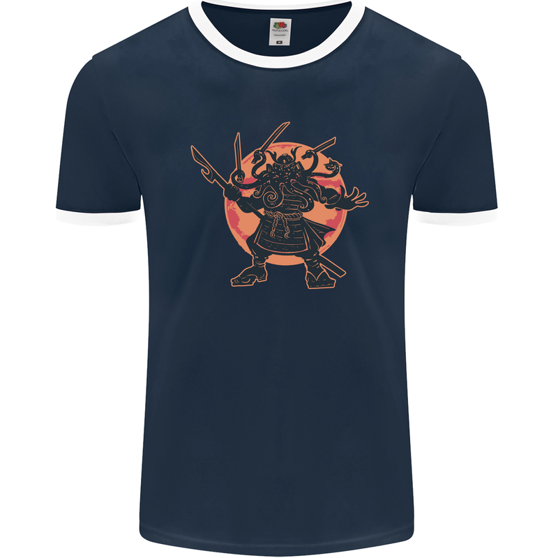 Samurai Cthulhu Kraken Mens Ringer T-Shirt FotL Navy Blue/White