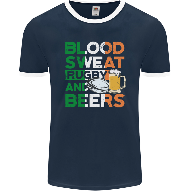 Blood Sweat Rugby and Beers Ireland Funny Mens Ringer T-Shirt FotL Navy Blue/White