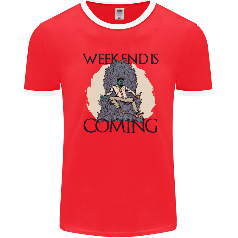 Weekend Funny Beer Cider Wine Alcohol Gin Mens White Ringer T-Shirt Red/White
