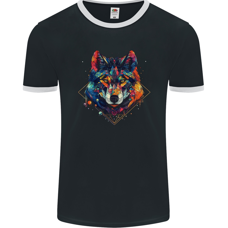 Geometric Wolf Wolves Mens Ringer T-Shirt FotL Black/White