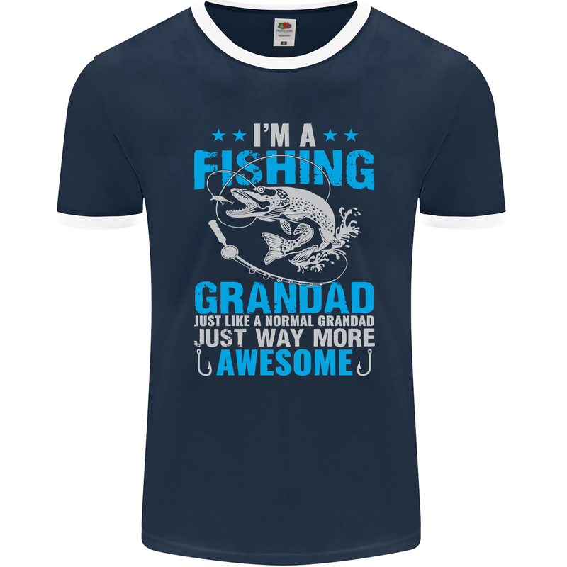 Fishing Grandad Funny Fathers Day Fisherman Mens Ringer T-Shirt FotL Navy Blue/White