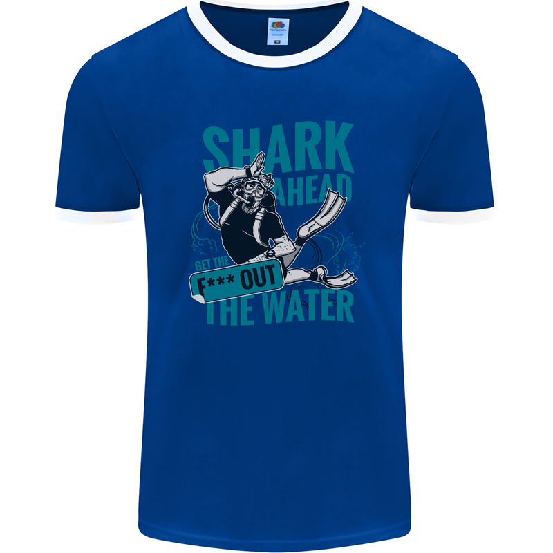 Shark Ahead Funny Diver Scuba Diving Mens Ringer T-Shirt FotL Royal Blue/White