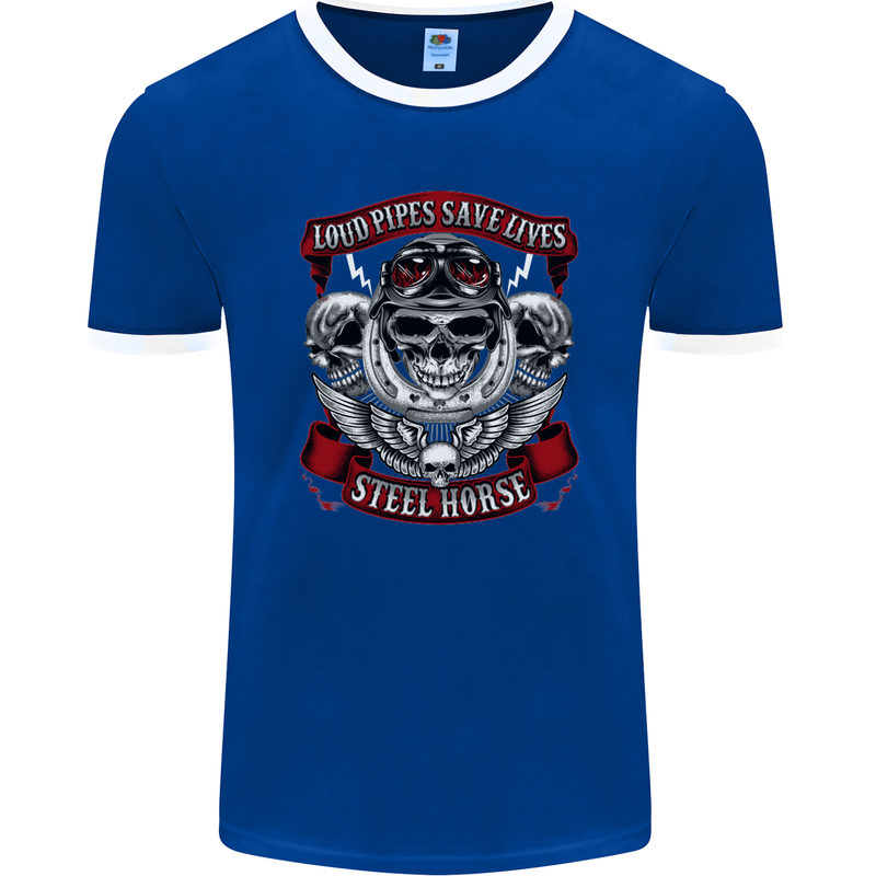 Motorcycle Lound Pipes Saves Lives Biker Mens Ringer T-Shirt FotL Royal Blue/White