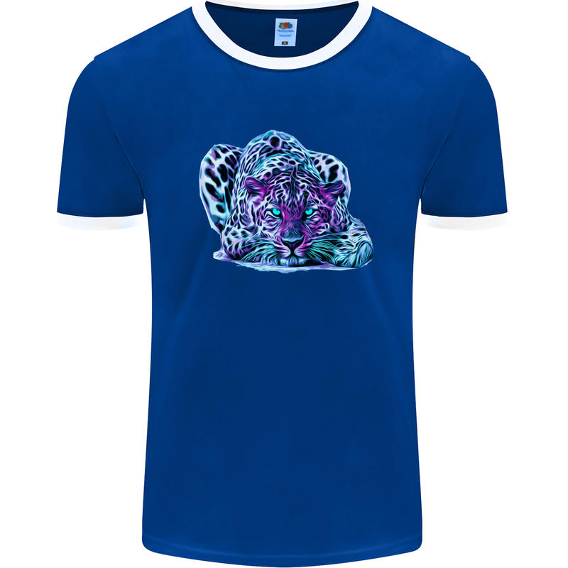 Cololurful Leopard Wild Cat Panther Mens White Ringer T-Shirt Royal Blue/White