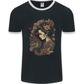 Geisha Girl With Dragon & Roses Fantasy Mens Ringer T-Shirt FotL Black/White