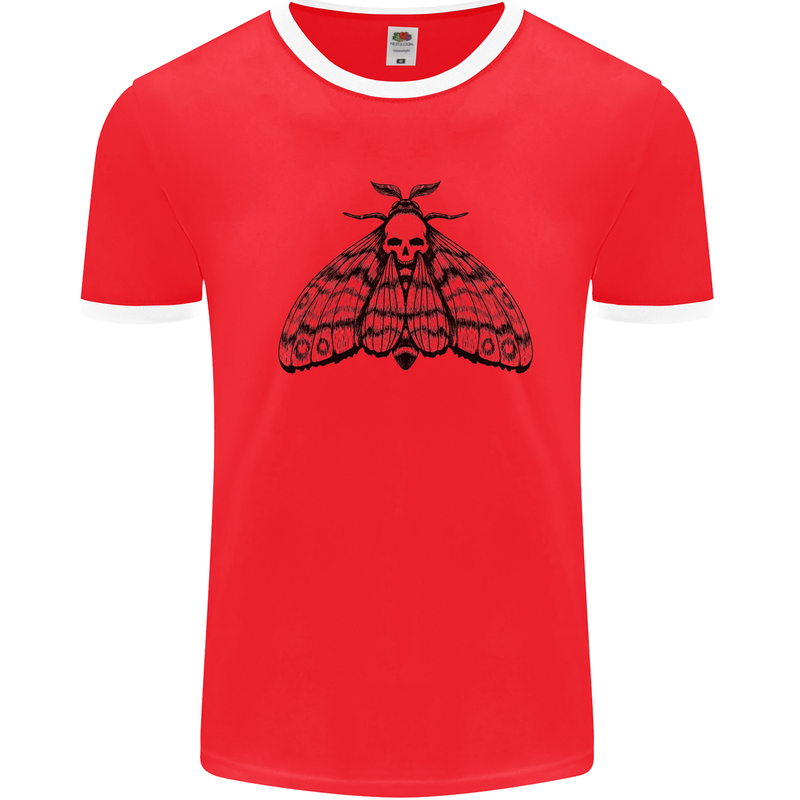 A Gothic Moth Skull Mens White Ringer T-Shirt Red/White