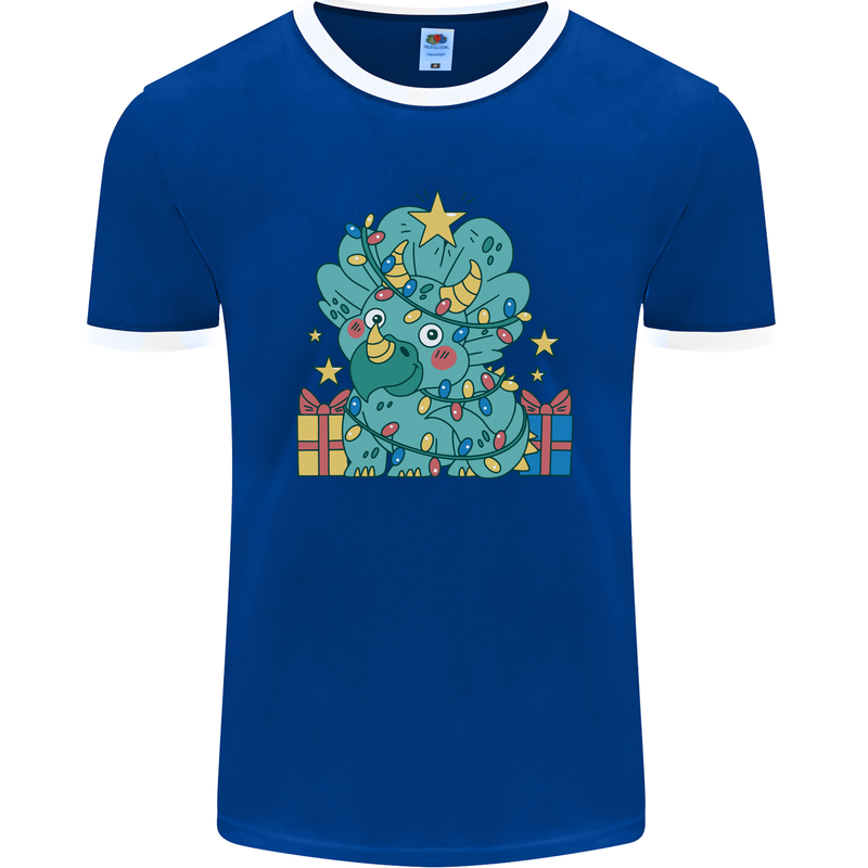 Dinosaur Triceratops Funny Christmas Tree Mens Ringer T-Shirt FotL Royal Blue/White