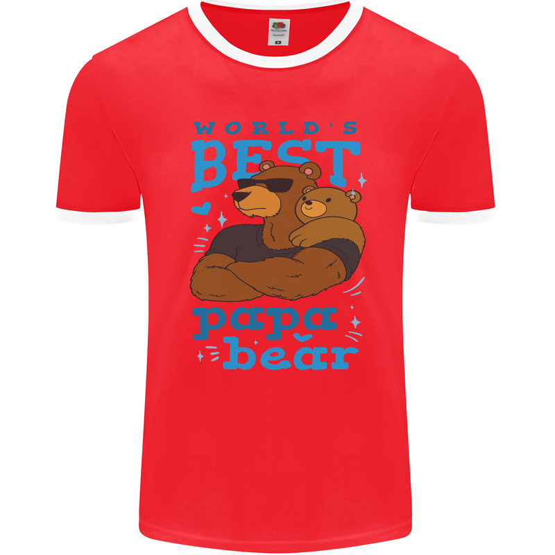 Worlds Best Papa Bear Fathers Day Mens Ringer T-Shirt FotL Red/White