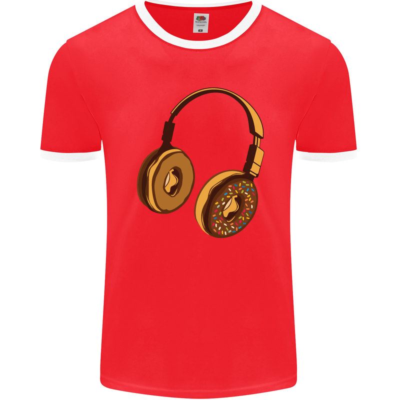 Donut Headphones Music DJ DJing Funny Mens Ringer T-Shirt FotL Red/White