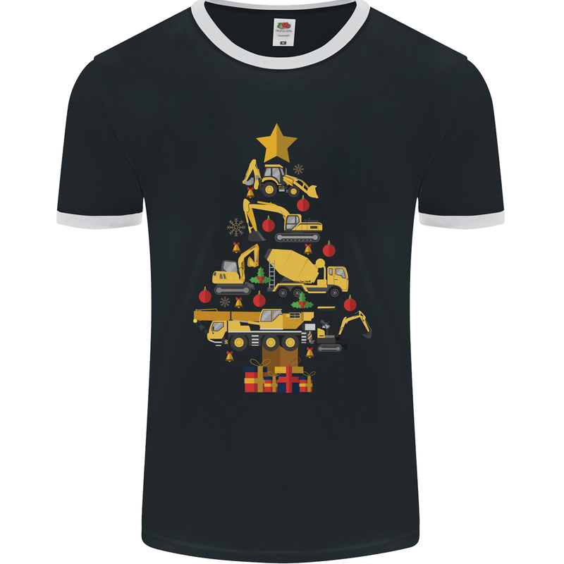 Construction Christmas Tree Digger Lorry Crane Mens Ringer T-Shirt FotL Black/White