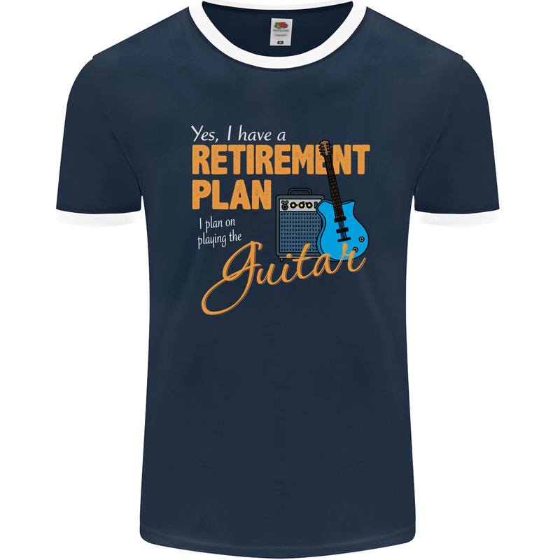 Guitar Retirement Plan Guitarist Acoustic Mens Ringer T-Shirt FotL Navy Blue/White