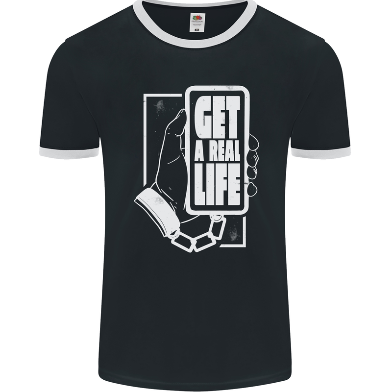 Get a Real Life Antisocial Phone Addict Mens Ringer T-Shirt FotL Black/White