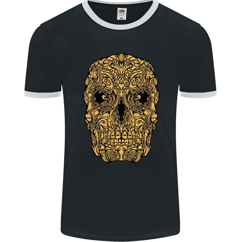 Ethnic Skull Gothic Tribal Demon Mens Ringer T-Shirt FotL Black/White