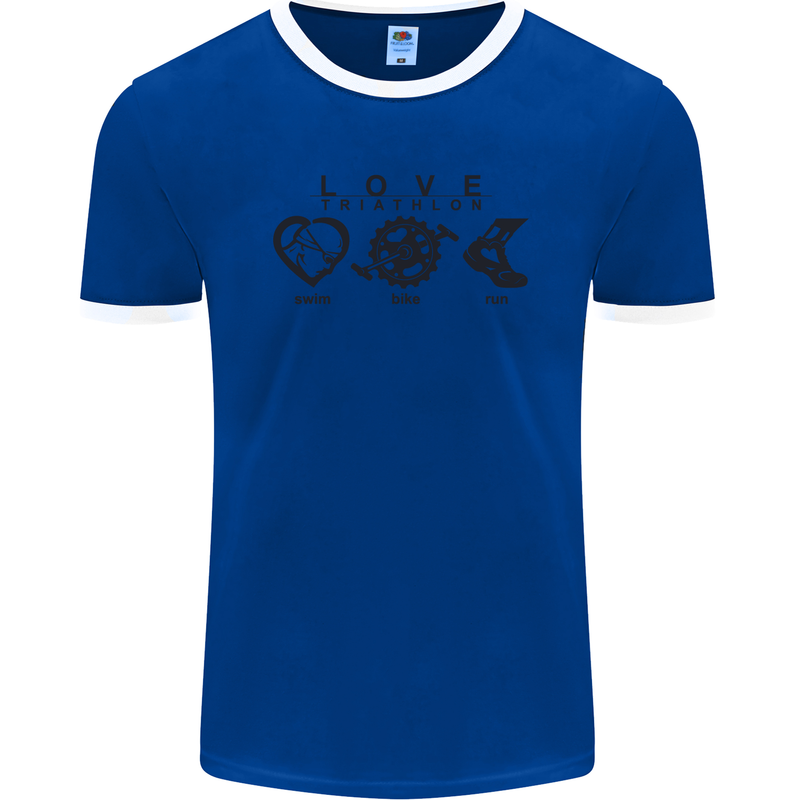 Love Triathlon Running Swimming Cycling Mens Ringer T-Shirt FotL Royal Blue/White