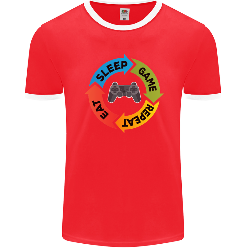 Gamming Eat Sleep Game Repeat Gamer Mens Ringer T-Shirt FotL Red/White