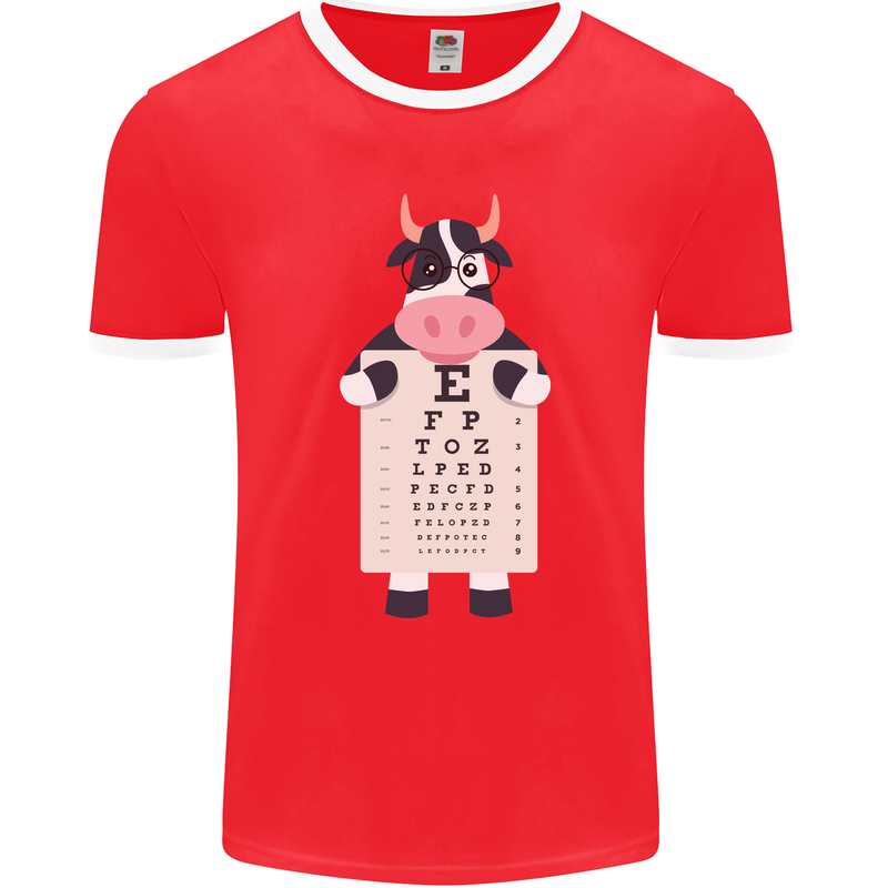 A Cow Holding a Snellen Eye Chart Glasses Mens Ringer T-Shirt FotL Red/White