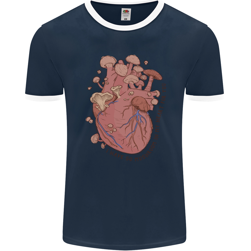 Mushroom Heart Foraging Mycology Mens Ringer T-Shirt FotL Navy Blue/White