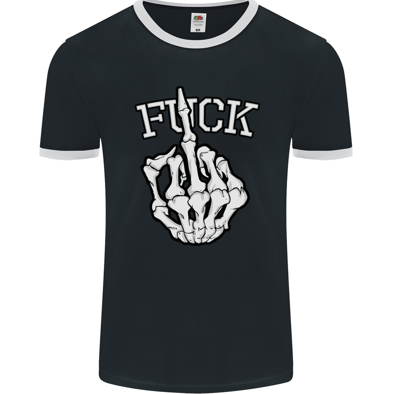 Finger Flip Fuck Skull Offensive Biker Mens Ringer T-Shirt FotL Black/White