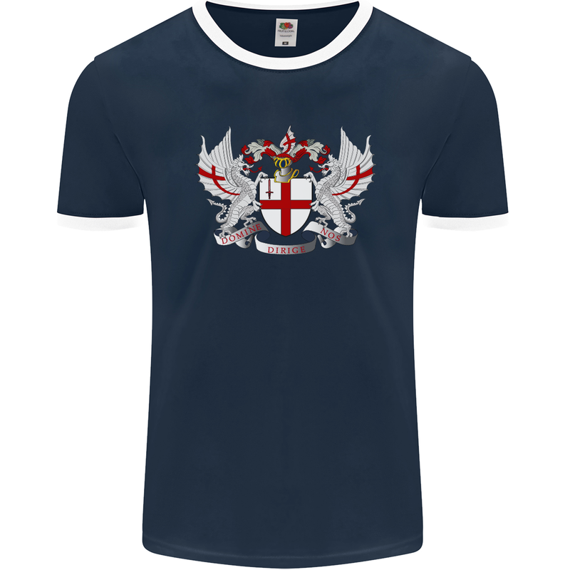 London Coat of Arms England St Georges Day Mens Ringer T-Shirt FotL Navy Blue/White