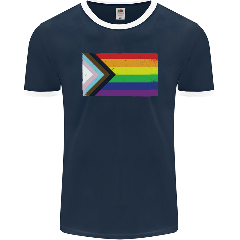 LGBTQ Flag Gay Pride Awareness Day LGBTQ Mens Ringer T-Shirt FotL Navy Blue/White