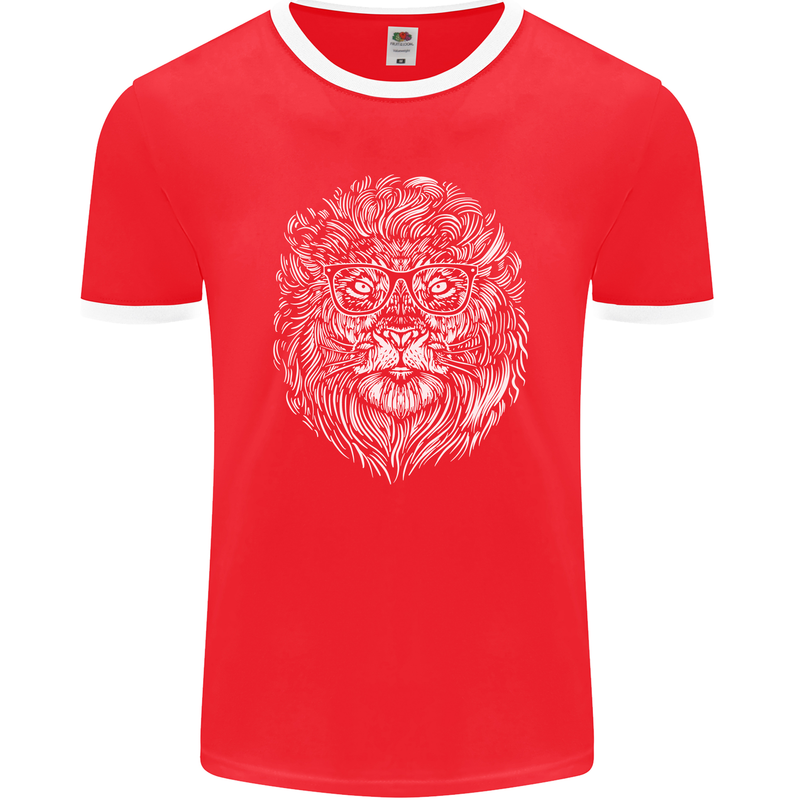 Funny Hipster Lion Mens Ringer T-Shirt FotL Red/White